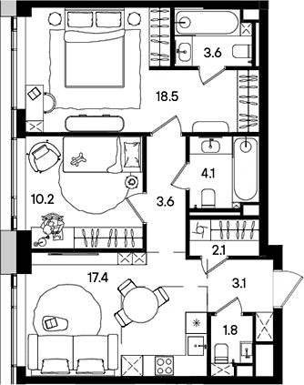 Планировка — СТОУН Грэйн, 3-комн., 64 м²