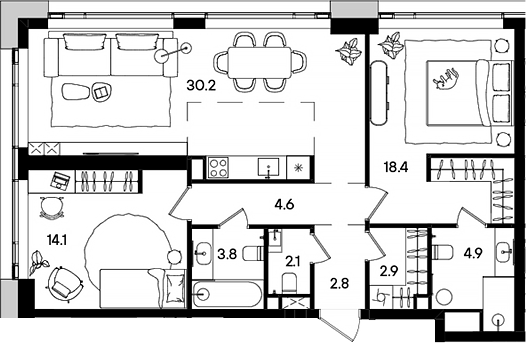 Планировка — СТОУН Грэйн, 3-комн., 84 м²