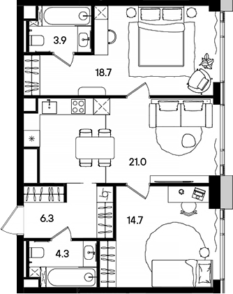 Планировка — СТОУН Грэйн, 3-комн., 69 м²