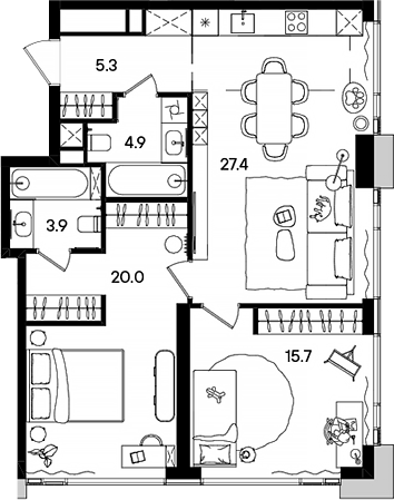 Планировка — СТОУН Грэйн, 3-комн., 77 м²