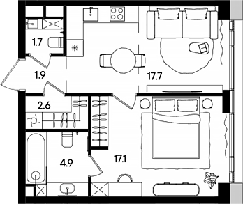 Планировка — СТОУН Грэйн, 2-комн., 46 м²