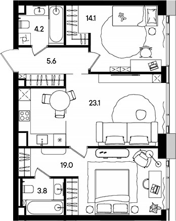 Планировка — СТОУН Грэйн, 3-комн., 70 м²