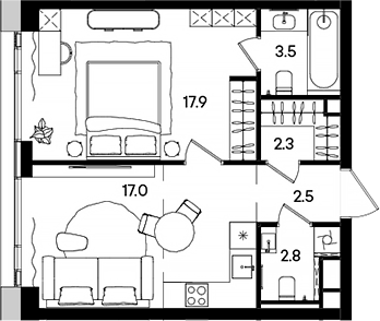 Планировка — СТОУН Грэйн, 2-комн., 46 м²