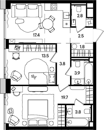 Планировка — СТОУН Грэйн, 3-комн., 69 м²