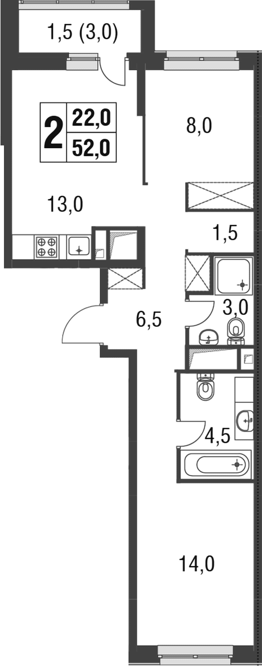 Планировка — Котельники Парк, 2-комн., 51 м²