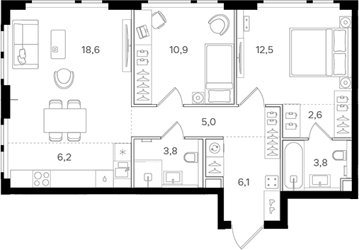 Планировка — Назаре. Мангазея в Богородском, 3-комн., 70 м²