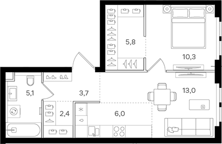 Планировка — Назаре. Мангазея в Богородском, 2-комн., 46 м²
