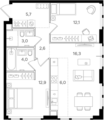 Планировка — Назаре. Мангазея в Богородском, 3-комн., 63 м²