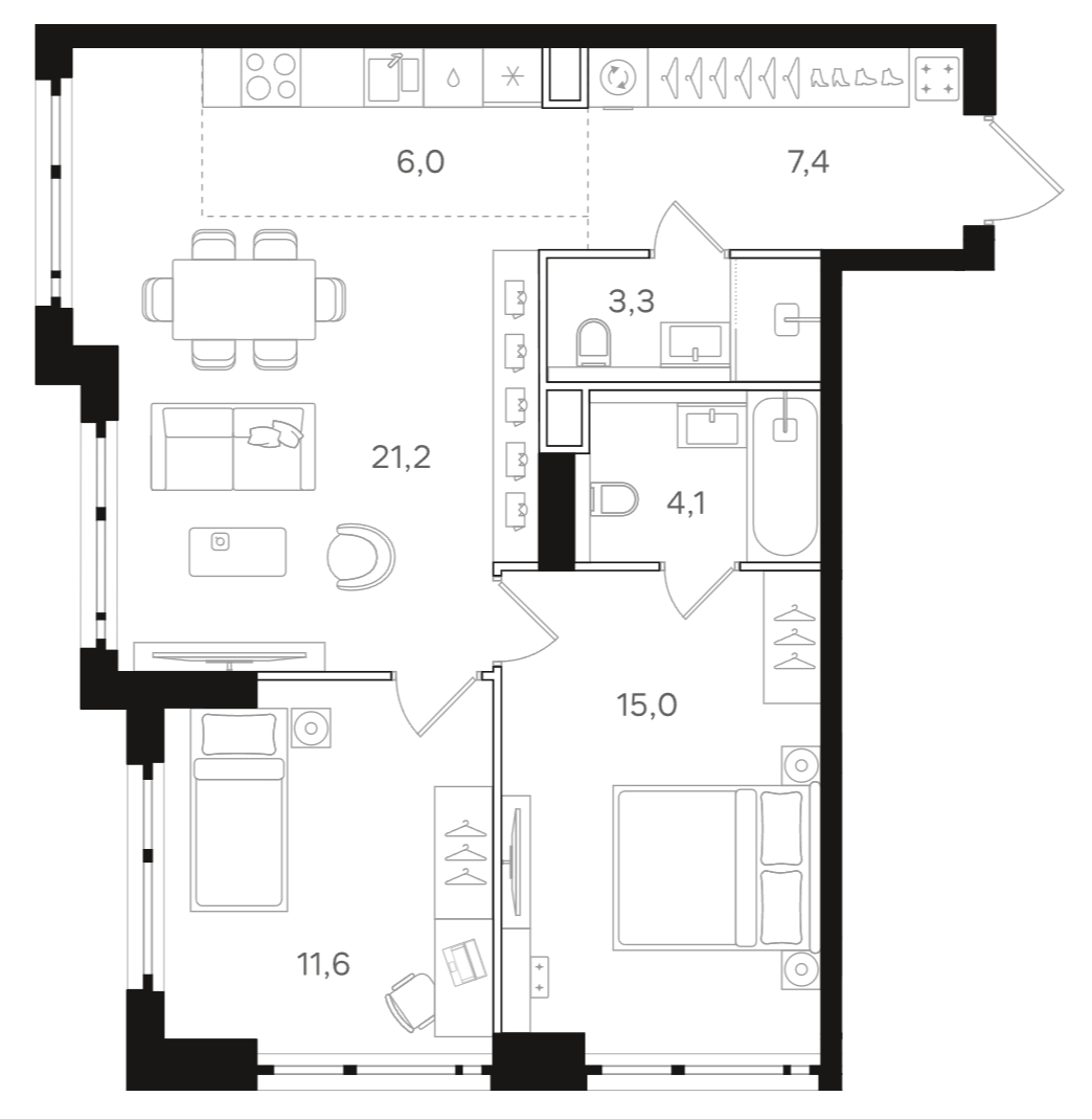 Планировка — Назаре. Мангазея в Богородском, 3-комн., 69 м²