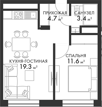 Планировка — Внуково Кантри Клаб, 2-комн., 39 м²