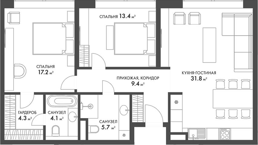 Планировка — Внуково Кантри Клаб, 3-комн., 86 м²