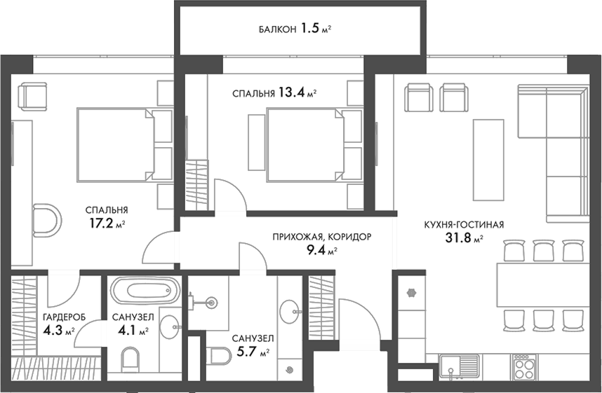 Планировка — Внуково Кантри Клаб, 3-комн., 86 м²