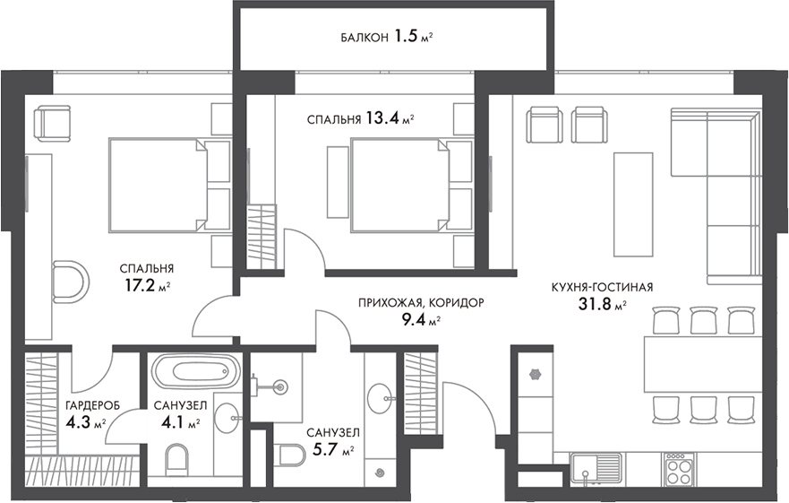 Планировка — Внуково Кантри Клаб, 3-комн., 86 м²