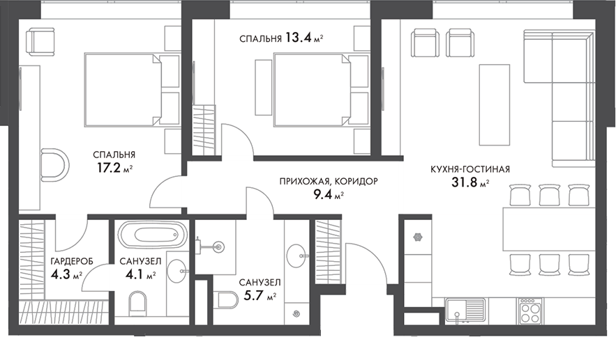 Планировка — Внуково Кантри Клаб, 3-комн., 86 м²