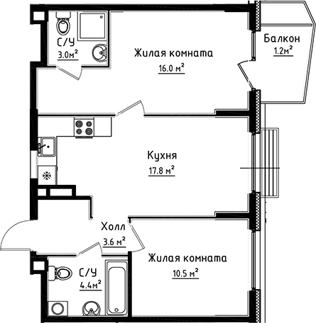 Планировка — Коллекция, 2-комн., 55 м²