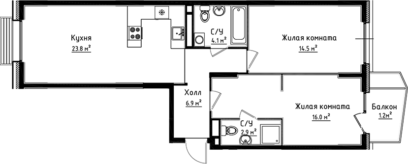 Планировка — Коллекция, 2-комн., 68 м²