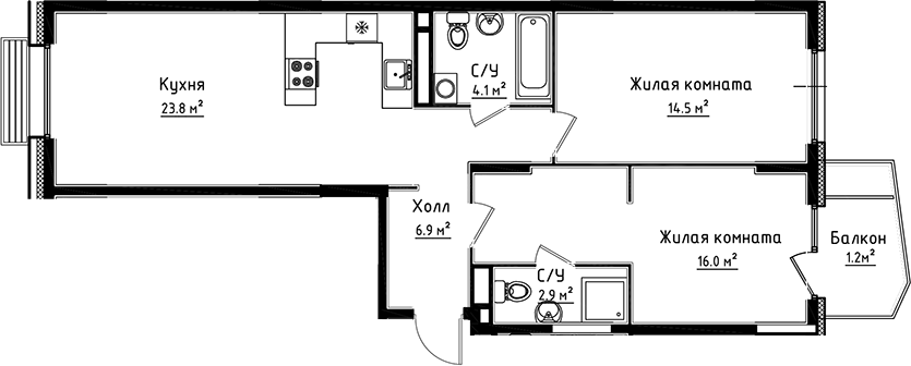 Планировка — Коллекция, 2-комн., 68 м²