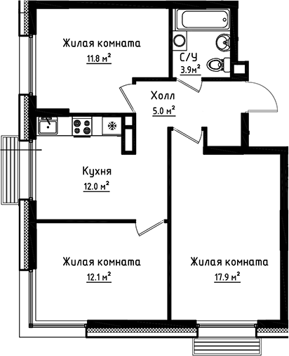 Планировка — Коллекция, 3-комн., 63 м²