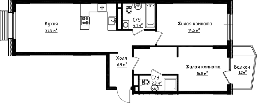 Планировка — Коллекция, 2-комн., 68 м²