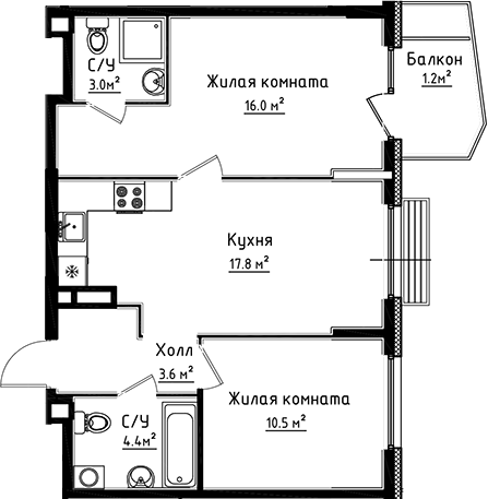 Планировка — Коллекция, 2-комн., 55 м²