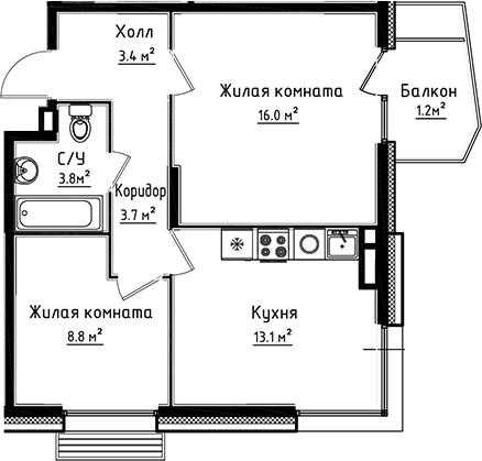 Планировка — Коллекция, 2-комн., 49 м²