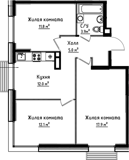Планировка — Коллекция, 3-комн., 63 м²