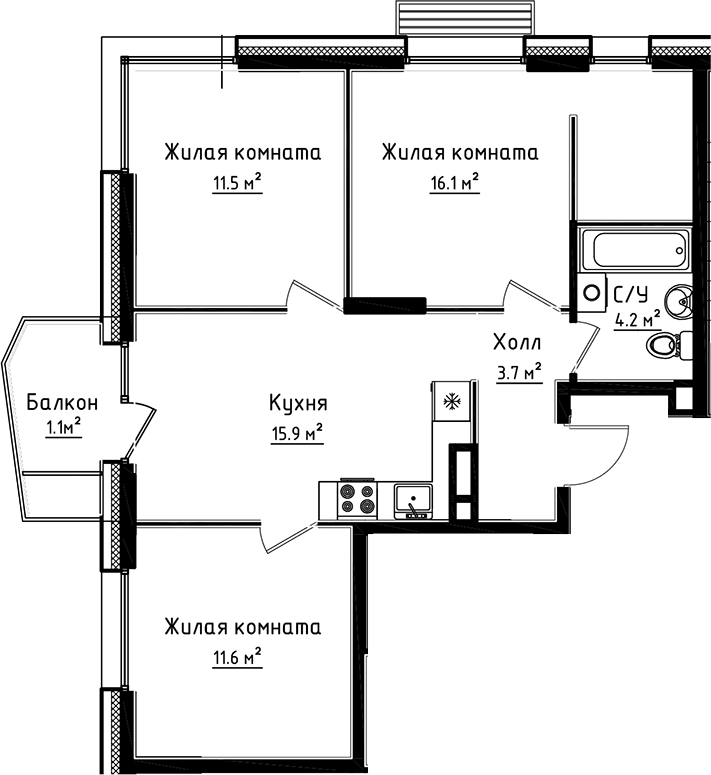 Планировка — Коллекция, 3-комн., 63 м²
