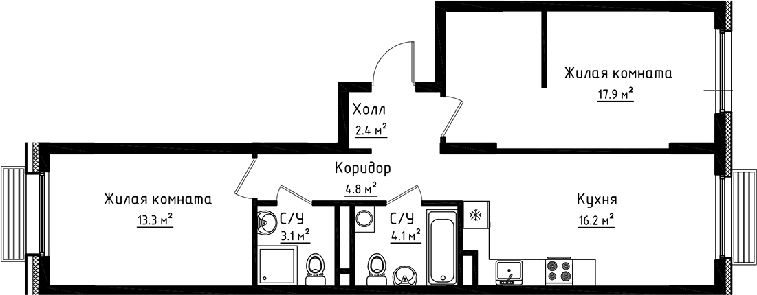 Планировка — Коллекция, 2-комн., 62 м²