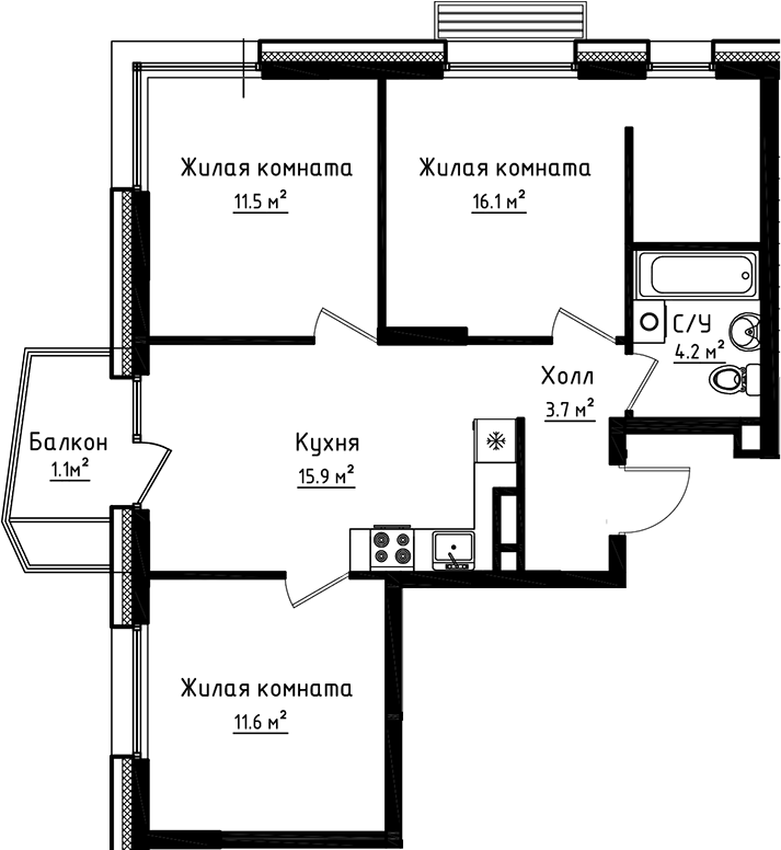 Планировка — Коллекция, 3-комн., 63 м²