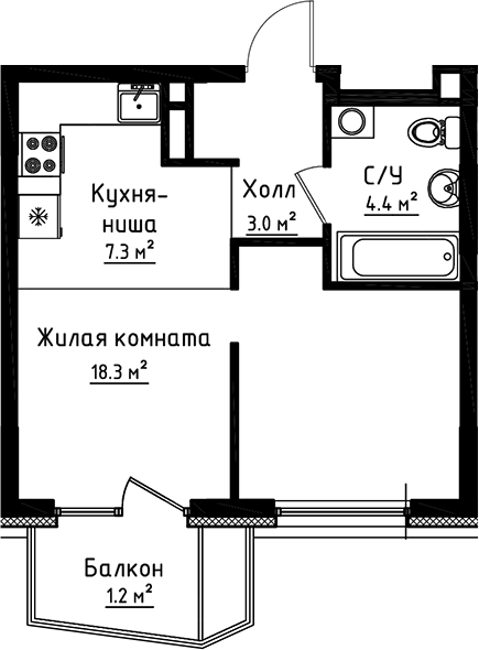 Планировка — Коллекция, 2-комн., 33 м²