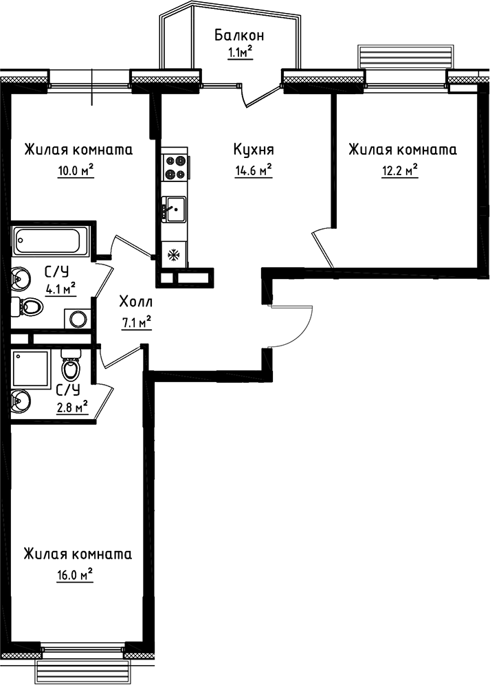 Планировка — Коллекция, 3-комн., 67 м²