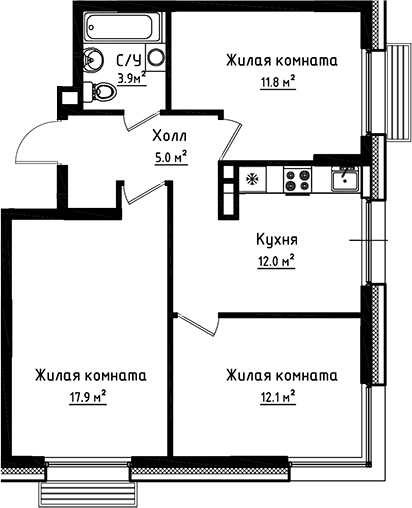Планировка — Коллекция, 3-комн., 63 м²