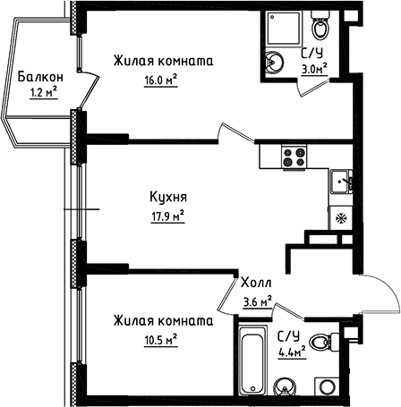 Планировка — Коллекция, 2-комн., 55 м²