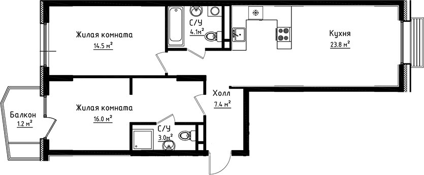 Планировка — Коллекция, 2-комн., 69 м²