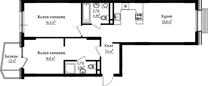 Планировка — Коллекция, 2-комн., 69 м²
