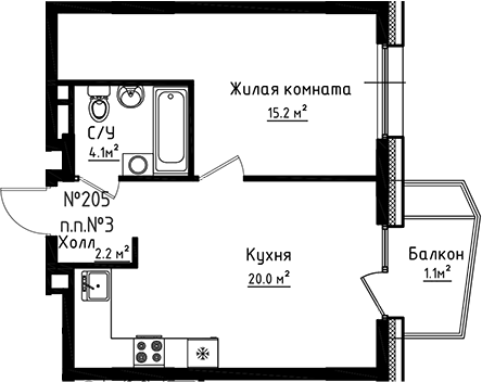 Планировка — Коллекция, 1-комн., 42 м²