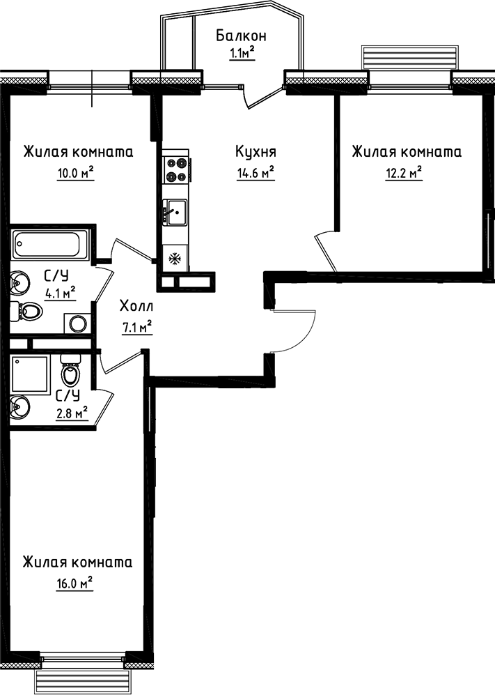 Планировка — Коллекция, 3-комн., 67 м²