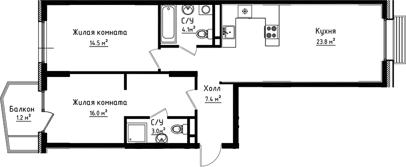 Планировка — Коллекция, 2-комн., 69 м²