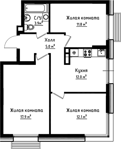 Планировка — Коллекция, 3-комн., 63 м²