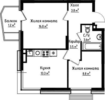 Планировка — Коллекция, 2-комн., 49 м²