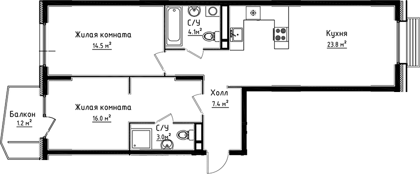 Планировка — Коллекция, 2-комн., 69 м²