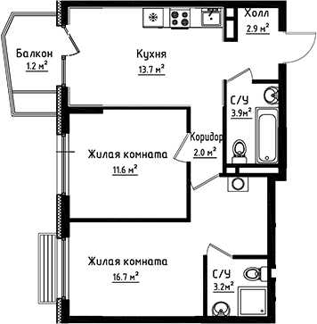 Планировка — Коллекция, 2-комн., 54 м²
