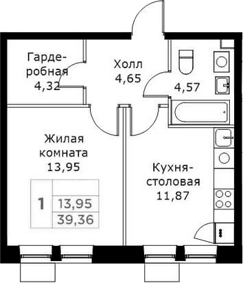 Планировка — КИТ, 1-комн., 39 м²