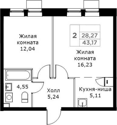 Планировка — КИТ, 2-комн., 43 м²