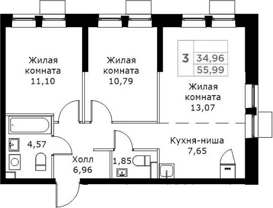 Планировка — КИТ, 3-комн., 56 м²