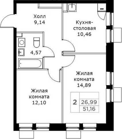 Планировка — КИТ, 2-комн., 51 м²