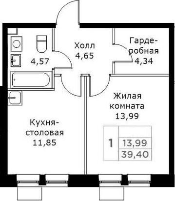 Планировка — КИТ, 1-комн., 39 м²