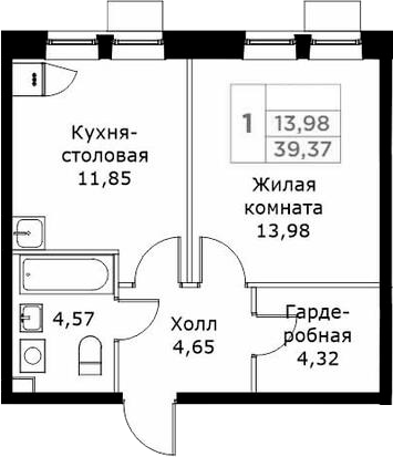 Планировка — КИТ, 1-комн., 39 м²