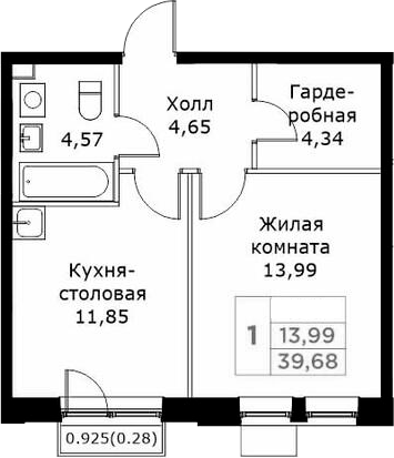 Планировка — КИТ, 1-комн., 39 м²