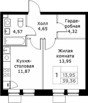 Планировка — КИТ, 1-комн., 39 м²